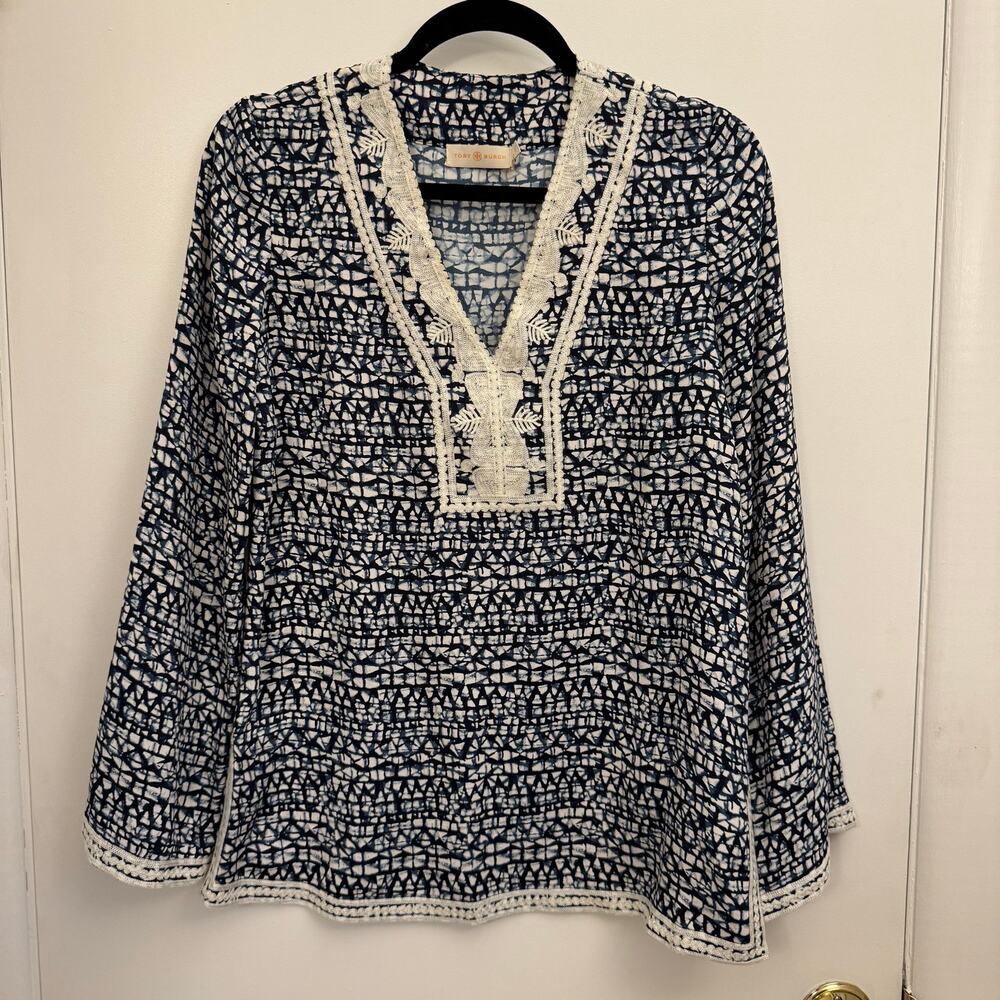 Tory Burch Womens Embroidered Long Sleeve Blue White Tunic Blouse Top Size XS 2
